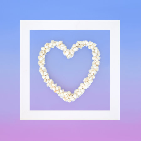 Cockleshell sea shell heart shape wreath with white square frame on gradient blue purple. Abstract...