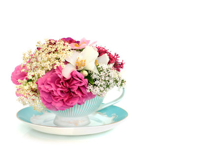 Summer flowers in luxury tea cup on white background. Surreal natural alternative herbal medicine of natures beauty in a teacup.の写真素材