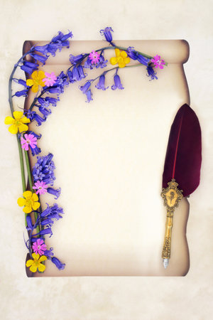 Springtime wildflower flowers on scroll border on parchment paper background with feather quill pen. Spring Beltane floral frame for love letter, manuscript, document.の写真素材
