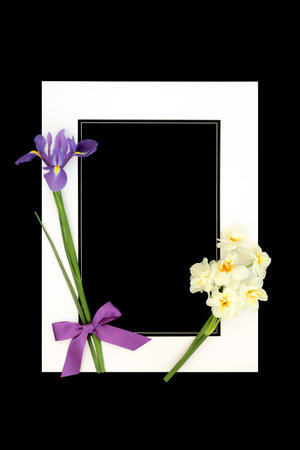 RIP in deepest sympathy in memorial card with flowers, white frame on black. Minimal remembrance border design for funeral, order of service card.の写真素材