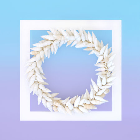 Auger seashell wreath with white square frame on gradient blue purple background. Decorative border nature sea life symbol for greeting card, gift tag, label.の写真素材