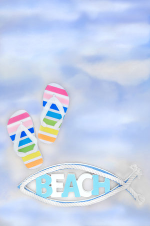 Summer beach sign with rainbow flip flops on sky background. Holiday relaxation and fun adventure leisure footwear concept with text.の写真素材