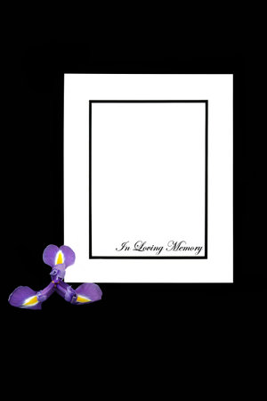 In loving memory deepest condolences card with iris flower with black frame on white. Celebration of life design for funeral or order of service card.の写真素材