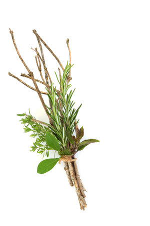 Witches bundle wicca magical equipment for natural healing and ceremony. Occult pagan nature flora with herbs on white background for earth magic.の写真素材