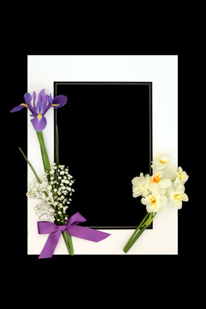 remembrance order of service funeral card deepest sympathy with flowers on white frame on black background. Border design for condolences.の写真素材
