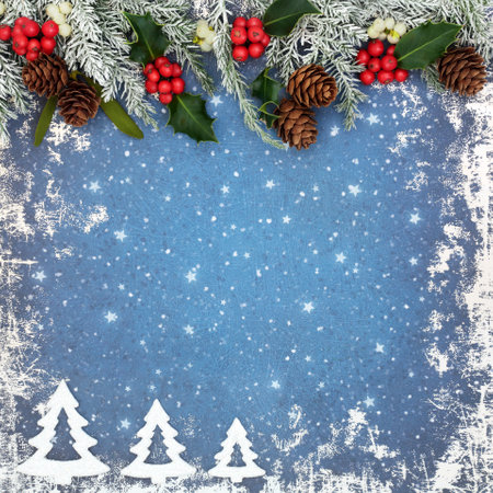 Christmas trees abstract frame winter flora decoration on grunge blue silver background, with holly,...