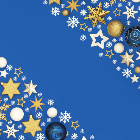 Christmas star, snowflake, ball bauble decorations border design on blue background. Festive winter design abstract for seasonal holiday season. Greeting card.の写真素材