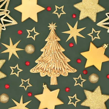 Xmas tree gold snowflake, star, sphere decorations, red holly berries on green. Festive abstract...