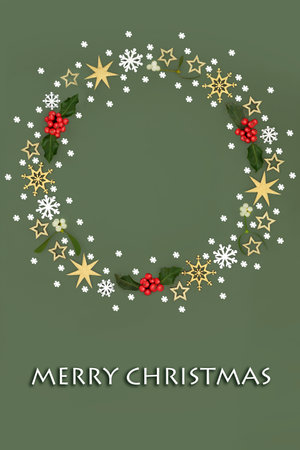 Merry Christmas wreath, star snowflake bauble decorations, winter flora, holly, mistletoe on green. Festive minimal abstract design for Xmas holiday season.の写真素材