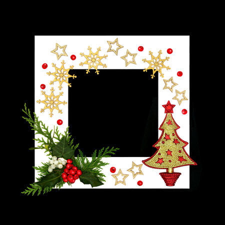 Christmas tree, snowflake decorations winter flora, holly, berries, mistletoe, ivy, cedar fir on black background white frame. Abstract nature festive border design.の写真素材