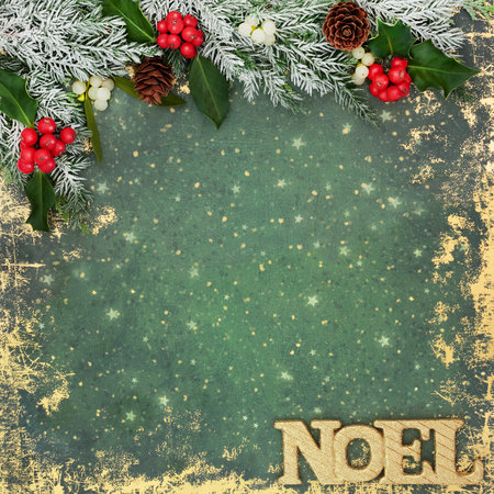 Christmas gold Noel sign decoration, holly red berries, winter flora snow fir, mistletoe, pine cones on grunge green background border. Festive Xmas concept.の写真素材