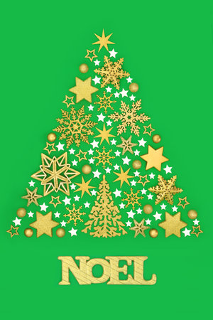 Christmas tree concept shape with gold snowflake, star, sphere bauble decorations, white stars, noel sign on green background. Surreal abstract symbol for festive season.の写真素材