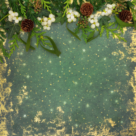 Christmas winter solstice flora of mistletoe, ivy, fir, pinecones on grunge green background. Traditional nature design with gold pattern. Design for Xmas, Noel, Yule.の写真素材