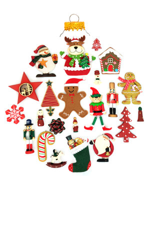Christmas tree decoration abstract with retro natural ornaments on white background. Festive design for the holiday season with traditional symbols. Greeting card, gift tag.の写真素材