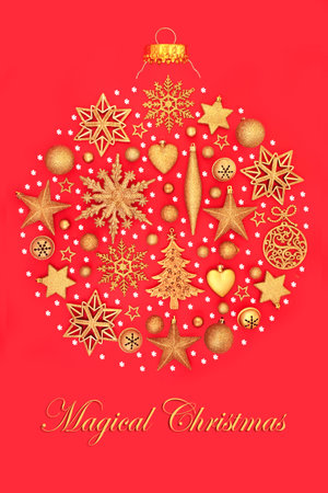 Magical Christmas surreal tree bauble round decoration on red background. Abstract festive gold glitter and snowflake design for the holiday season. Greeting card, gift tag.の写真素材