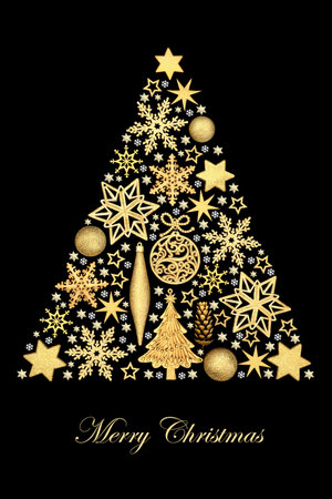 Merry Christmas tree concept shape, gold snowflake, star, droplet, sphere bauble, pine cone decorations. Ornate design for festive Xmas season. Phrase.の写真素材