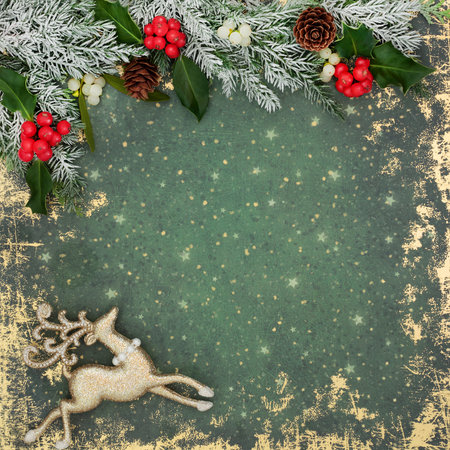 Christmas reindeer tree decoration, holly red berries, winter flora snow fir, mistletoe on grunge green background border frame. Festive design for Xmas seasonの写真素材