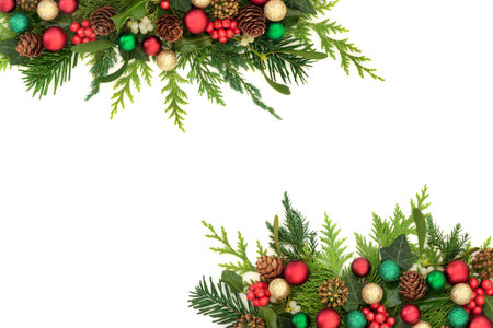 Christmas  bauble red, green gold bauble decorations, holly, mistletoe berries, ivy, fir, pine cones. Xmas winter nature flora design for holiday season on white.の写真素材