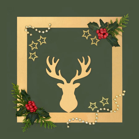 Christmas magic reindeer symbol, holly, stars, beads on green background, gold frame border. Festive design of Xmas Eve santa helper. Greeting card, gift tag, label.の写真素材