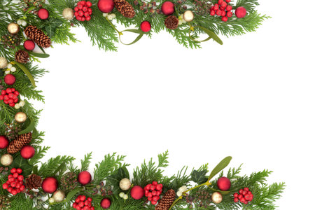 Christmas red gold bauble decorations winter flora, holly berry, ivy, mistletoe, fir on white background border. Festive design for Noel Yule Xmas holiday season.の写真素材