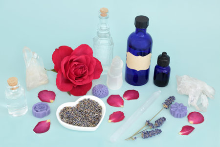 Rose and lavender herb adaptogen medicine with quartz crystals for natural herbal medicine. Sedative tranquilizing and calming to reduce stress and anxiety.の写真素材