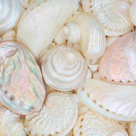 Mother of pearl seashell abstract background with abalone troca and turbo snail shells. Decorative collection marine life nature design for greeting card., label or gift tag.の写真素材