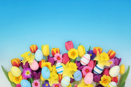 Painted Easter eggs fun treats and spring flowers on blue sky gradient background. Seasonal floral...