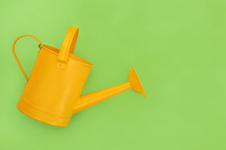 Yellow metal watering can for indoor or outdoor and patio gardening. Classic garden lightweight tool design on green background.