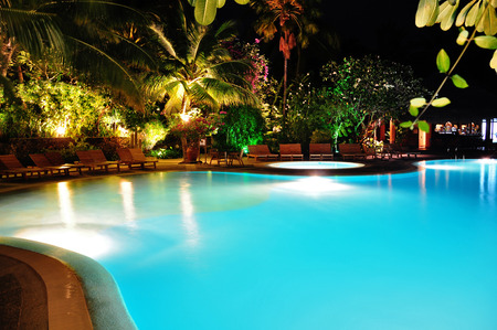 blue swimming pool at nightのeditorial素材