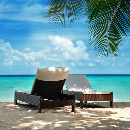 two loungers on the beach, Maldivesの写真素材