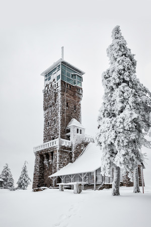 winter hike in the northern Black Forest on a foggy dayの写真素材