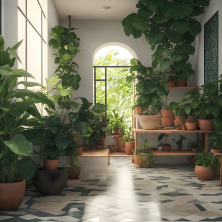 Interior of modern living room with green plants in pots. 3d renderの素材