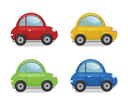 Toy cars on white background. Red, yellow, green and blue car. Vector illustration in cartoon styleのイラスト素材