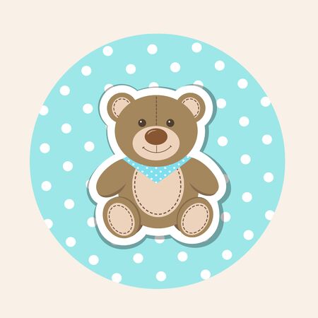 Cartoon teddy bear on polka dot background. Newborn, baby shower, birthday greeting card. Vector illustrationのイラスト素材