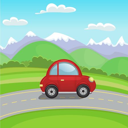 Summer landscape with red cute car on a road, mountains, hills, bushes and clouds on background. Vector illustration in cartoon styleのイラスト素材