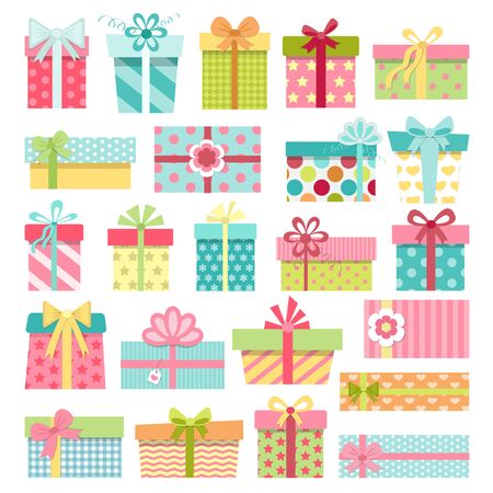 Set of cute colorful gift boxes with bows and ribbons. Wrapped presents. Christmas, New Year, Birthday gifts on white background. Vector illustration in cartoon style.のイラスト素材