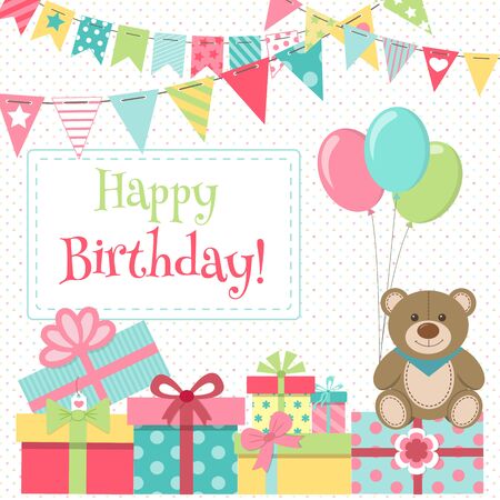 Birthday greeting or invitation card, postcard with cute toy teddy bear, gift boxes, balloons and bunting. Vector illustration in cartoon styleのイラスト素材