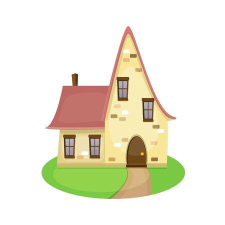 Illustration of a funny cute fairy yellow brick house with pink roof and green summer lawn. Vector illustration on white background in cartoon styleのイラスト素材