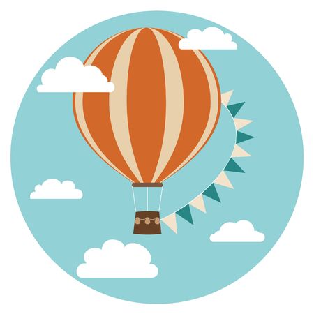 Hot air balloon with flags and clouds in the sky. Vector illustration in cartoon style. Retro posterのイラスト素材