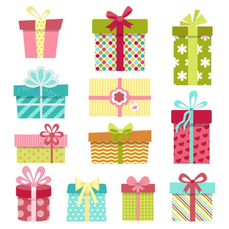Cute colorful gift boxes set with different pattern ornaments. Birthday or Christmas presents. Isolated on white background. Vector illustration in cartoon styleのイラスト素材