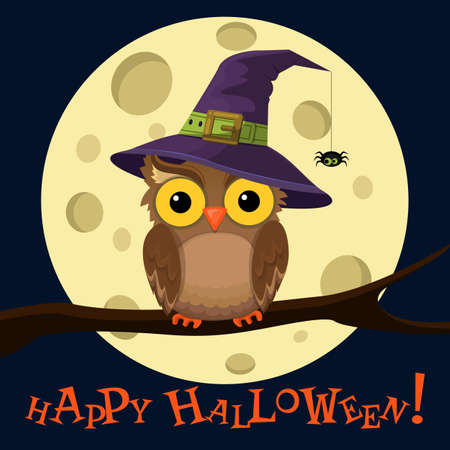 Cute owl in purple witch hat with night moon background with little spider on a web. Happy Halloween poster. Vector illustration in cartoon styleのイラスト素材