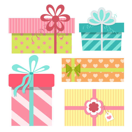 Five cute gift boxes set. Vector illustration in cartoon styleのイラスト素材