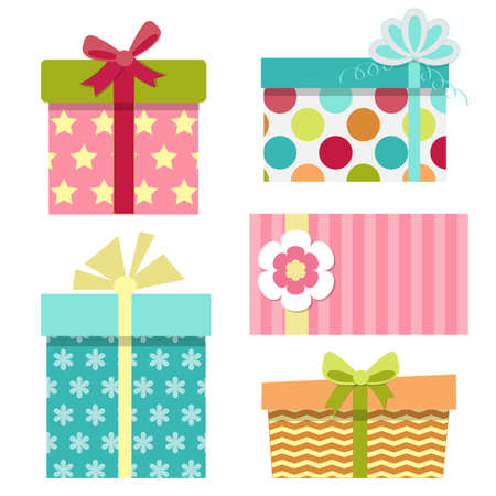 Cute colorful gift boxes for Birthday, Christmas, New Year or Happy Valentine. Vector illustration in cartoon styleのイラスト素材