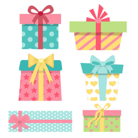 Six cute gift boxes isolated on white background. Vector illustration in cartoon styleのイラスト素材