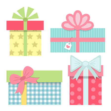 Four multicolored cute present boxes. Vector illustration in cartoon styleのイラスト素材