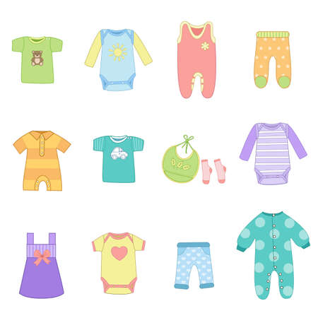 Cute baby multicolored clothes set on white background. T-shirt, dress, romper, bodysuit, pants, bib, socks. Icon collection or elements for invitation. Vector illustration in flat cartoon styleのイラスト素材