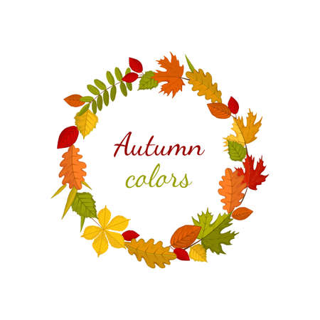 Autumn realistic leaves round frame. Maple, oak, chestnut, rowan, birch. Decor for invitations, greeting cards, posters. Vector illustrationのイラスト素材