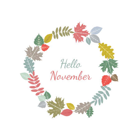 Fall leaves wreath. Autumn leaves round frame. Pastel autumn colors vector illustration. Hello November textのイラスト素材