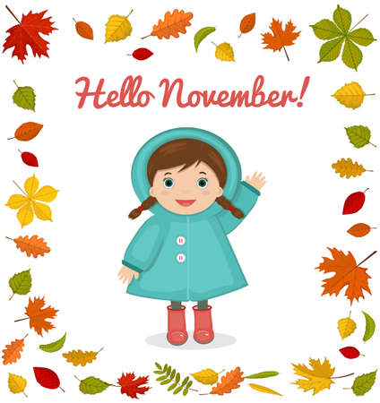 Cute smiling brown haired girl in turquoise hooded cloak and red rubber boots with yellow, orange and red autumn leaves frame on white background. Vector illustration in cartoon styleのイラスト素材