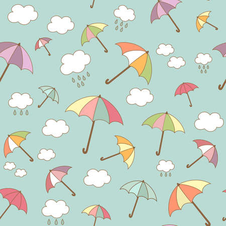 Multicolored umbrellas seamless pattern with clouds in the sky. Cute wallpaper, kids background, retro colors. Vector illustration in cartoon styleのイラスト素材